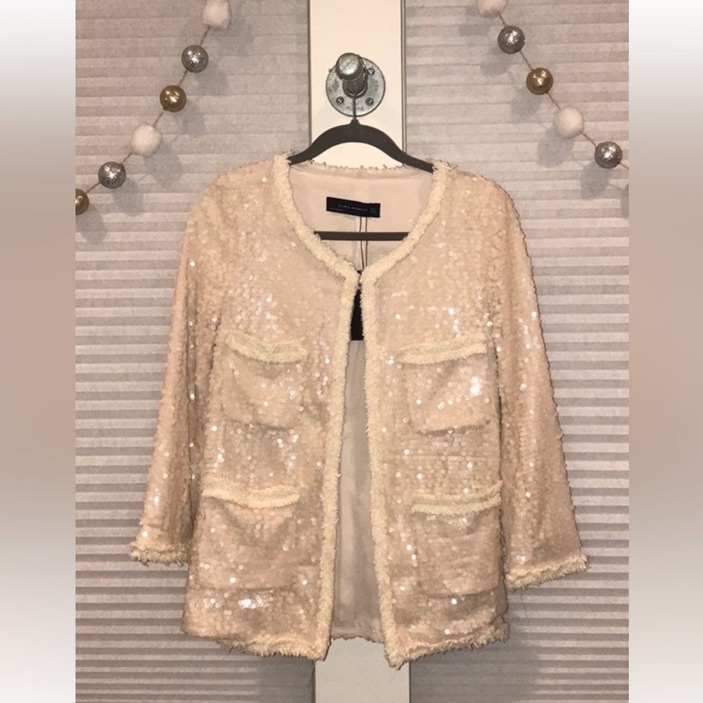✨❤️ZARA NWT blush/champagne sequin blazer small sparkly fun and classy!✨